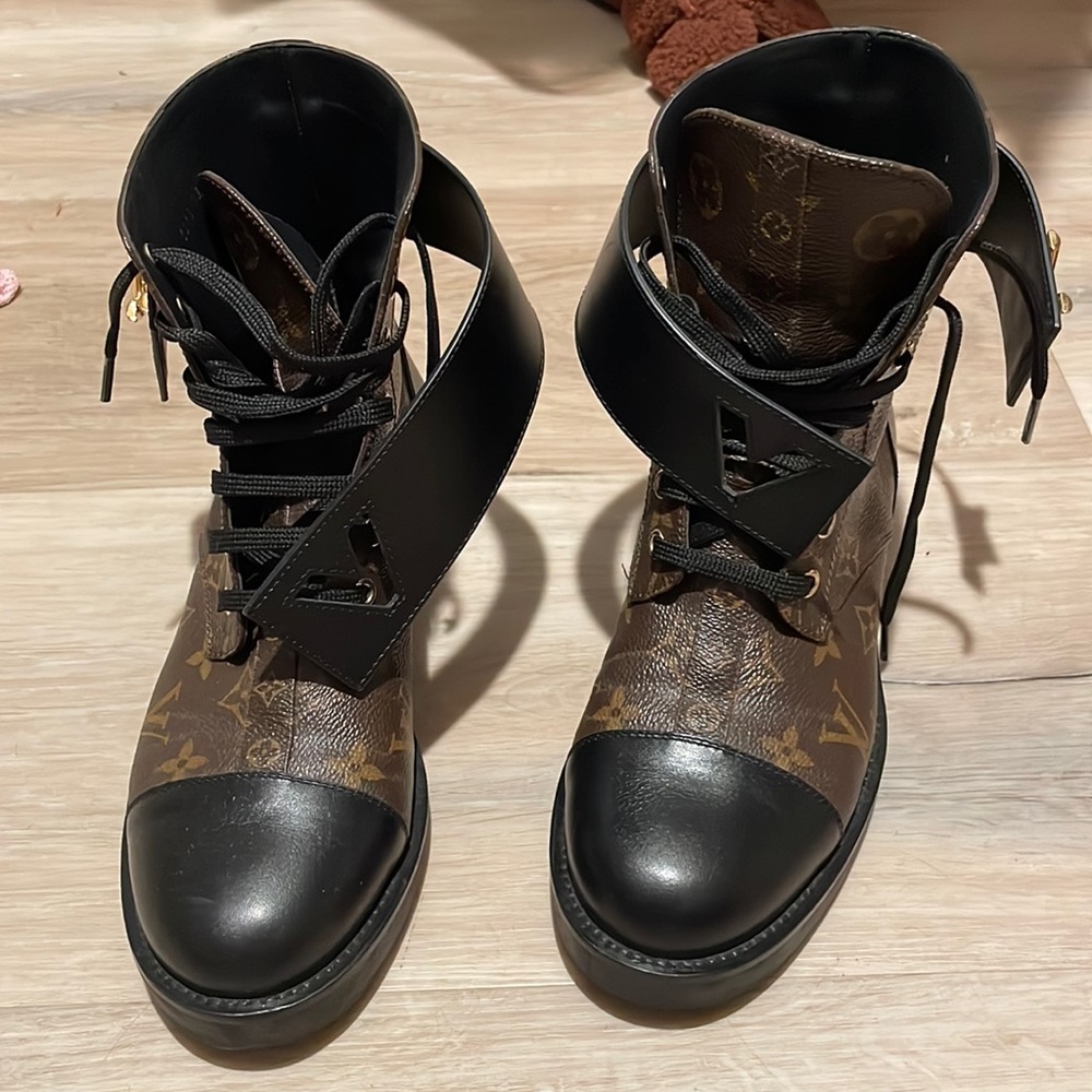 Louis Vuitton Brown Monogram & Black Leather Combat Boots